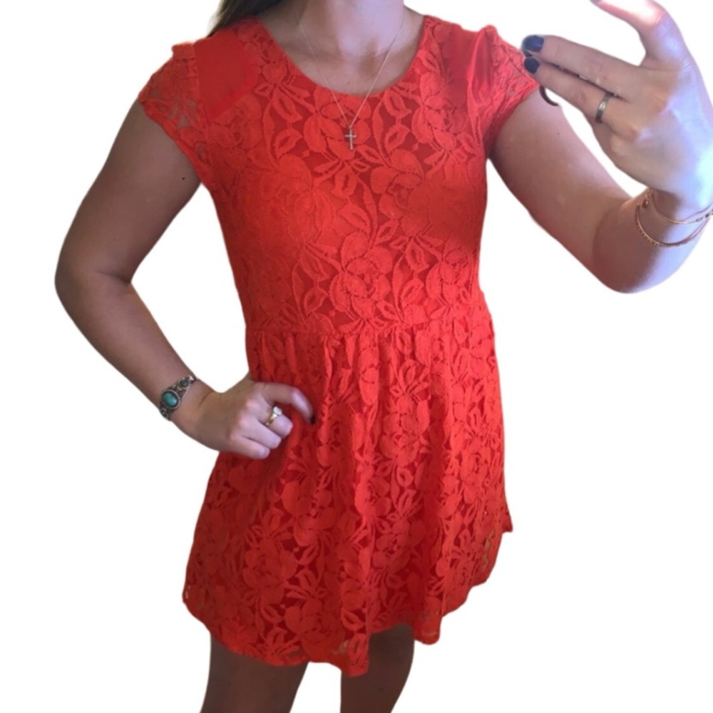 Coincidence & Chance Orange Lace Short Sleeve Mini Dress Sz S